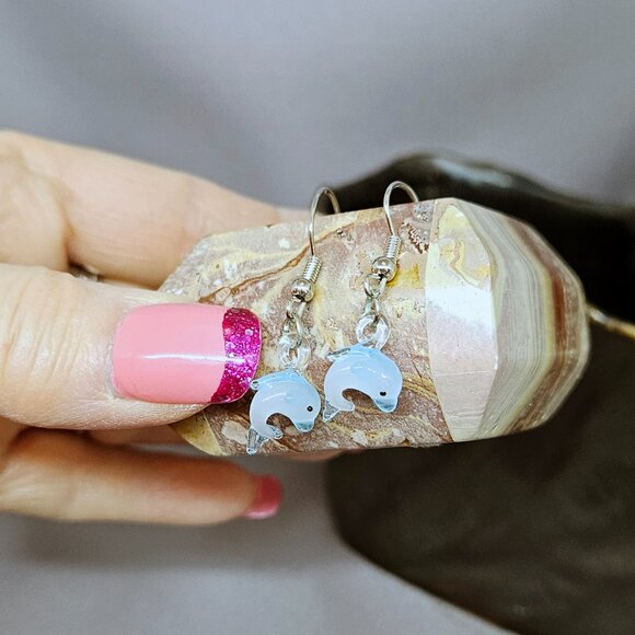 Tiny Blue, Handblown Glass Dolphin Earrings Silver Plate, Coil Ear Wires 1 1/4" - Picture 1 of 7
